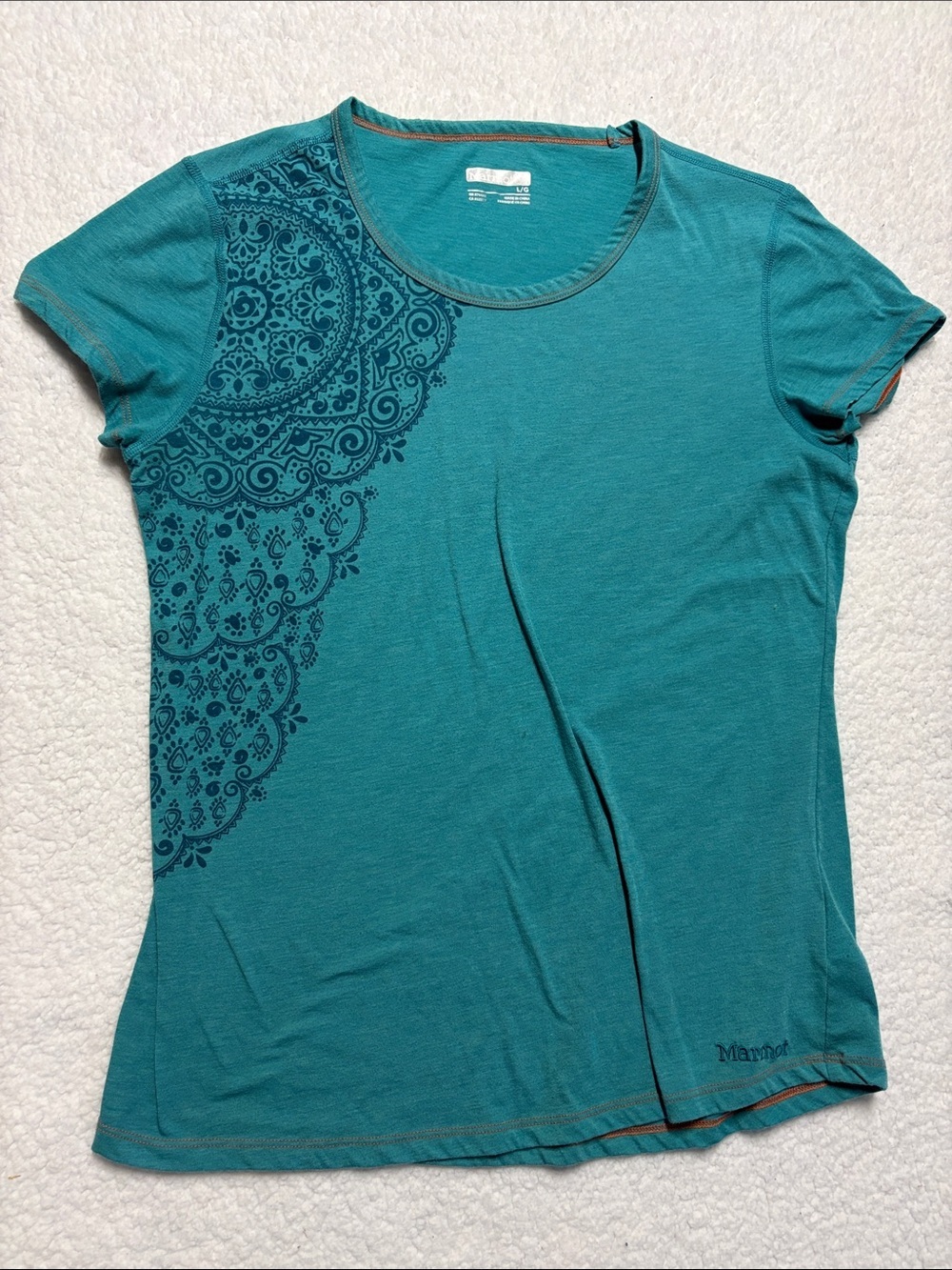 Marmot medium Teal Short-Sleeve Women's Tee with Dark Teal Mandala Print